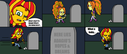 Size: 1768x751 | Tagged: safe, artist:logan jones, imported from derpibooru, adagio dazzle, sunset shimmer, equestria girls, rainbow rocks, comic, crying, female, flower, gravestone, here lies squidward's hopes and dreams, one krabs trash, remake, sad, spongebob squarepants, what a baby