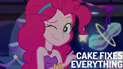 Size: 1280x720 | Tagged: safe, edit, edited screencap, editor:quoterific, imported from derpibooru, screencap, pinkie pie, equestria girls, equestria girls series, twilight under the stars, spoiler:eqg series (season 2), bare shoulders, bracelet, clothes, cute, diapinkes, dress, female, jewelry, looking at you, necklace, one eye closed, sleeveless, smiling, solo, strapless, wink, winking at you