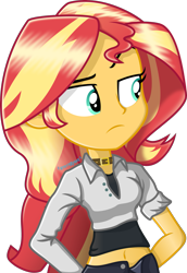 Size: 1607x2338 | Tagged: safe, artist:steyrrdash, imported from derpibooru, sunset shimmer, equestria girls, belly button, choker, clothes, female, raised eyebrow, short shirt, show accurate, simple background, solo, transparent background, vector