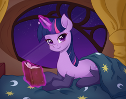 Size: 1920x1520 | Tagged: safe, artist:nathayro37, artist:ravenirik, imported from derpibooru, twilight sparkle, pony, unicorn, bed, bedroom eyes, book, clothes, cute, glowing horn, golden oaks library, horn, levitation, looking at you, lying down, magic, night, night sky, on bed, prone, redraw, sky, socks, solo, stockings, telekinesis, thigh highs, twiabetes, unicorn twilight