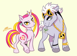 Size: 777x563 | Tagged: safe, artist:macuaine, imported from derpibooru, earth pony, pony, unicorn, female, gold chains, guzma, male, mare, plumeria (pokémon), pokémon, pokémon sun and moon, ponified, ponymon, simple background, skull, stallion, sunglasses, team skull