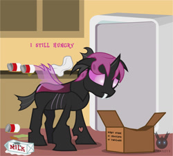 Size: 1314x1189 | Tagged: safe, artist:wheatley r.h., derpibooru exclusive, imported from derpibooru, oc, oc only, oc:lara, changeling, comic:still hungry, can, changeling oc, female, hungry, kitchen, mare, milk, pink changeling, refrigerator, sad, single panel, solo, vector, watermark