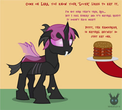 Size: 1314x1189 | Tagged: safe, artist:wheatley r.h., derpibooru exclusive, imported from derpibooru, oc, oc only, oc:lara, oc:red widow, changeling, comic:still hungry, burger, changeling oc, female, food, hamburger, hooves, mare, offscreen character, pink changeling, plate, sad, single panel, vector, watermark