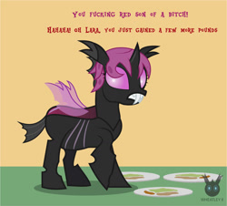 Size: 1314x1189 | Tagged: safe, artist:wheatley r.h., derpibooru exclusive, imported from derpibooru, oc, oc only, oc:lara, changeling, comic:still hungry, changeling oc, chubby, chunkling, female, mare, pink changeling, plate, plump, scared, single panel, solo, vector, vulgar, watermark, weight gain