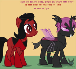 Size: 1314x1189 | Tagged: safe, artist:wheatley r.h., derpibooru exclusive, imported from derpibooru, oc, oc only, oc:lara, oc:red widow, changeling, earth pony, pony, comic:still hungry, angry, changeling oc, chunkling, descriptive noise, duo, duo female, female, mare, pink changeling, plump, single panel, slit eyes, slit pupils, stomach noise, vector, vulgar, watermark, weight gain