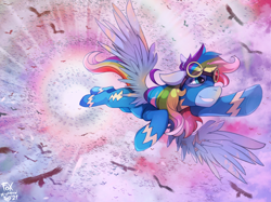 Size: 1400x1048 | Tagged: safe, artist:foxinshadow, imported from derpibooru, bird, pegasus, pony, fanfic:a pegasus promise, clothes, commission, fanfic art, flying, not rainbow dash, solo, spread wings, uniform, wings, wonderbolts uniform