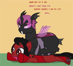 Size: 1314x1189 | Tagged: safe, artist:wheatley r.h., derpibooru exclusive, imported from derpibooru, oc, oc only, oc:lara, oc:red widow, changeling, earth pony, pony, comic:still hungry, belly, beret, big belly, changeling oc, chunkling, duo, duo female, fat, female, hat, mare, open mouth, overweight, pink changeling, puffy cheeks, single panel, sitting on, sitting on person, sitting on pony, slit eyes, slit pupils, vector, watermark, weight gain