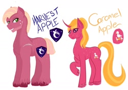 Size: 1754x1240 | Tagged: safe, artist:ambertuisthemad, imported from derpibooru, oc, oc:caramel apple, oc:harvest moon, earth pony, pony, unicorn, body freckles, brother and sister, female, freckles, male, mare, offspring, parent:big macintosh, parent:cheerilee, parents:cheerimac, siblings, simple background, stallion, white background