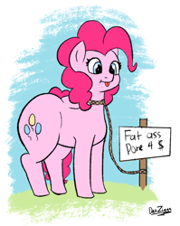 Size: 1492x1878 | Tagged: safe, artist:datzigga, imported from derpibooru, pinkie pie, earth pony, pony, :p, balloonbutt, butt, cute, diapinkes, large butt, sign, tether, thick, tongue out, vulgar
