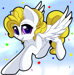Size: 2820x2884 | Tagged: safe, artist:gleamydreams, imported from derpibooru, surprise, pegasus, pony, chest fluff, cloud, confetti, female, flying, g1, g1 to g4, g4, generation leap, high res, looking at you, mare, open mouth, open smile, raised hoof, sky, smiling, solo, spread wings, wings