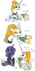 Size: 825x1662 | Tagged: safe, artist:jargon scott, imported from derpibooru, oc, oc only, oc:dyx, oc:dyxkrieg, oc:nyx, alicorn, pony, alicorn oc, bathrobe, book, cigarette, clothes, comic, dialogue, dishes, escii keyboard, female, filly, glasses, horn, magical lesbian spawn, mare, mother and child, mother and daughter, offspring, older, older dyx, older nyx, parent:oc:dyx, parent:oc:luftkrieg, parents:oc x oc, robe, simple background, sink, smoking, sponge, typewriter, washing, white background, wings