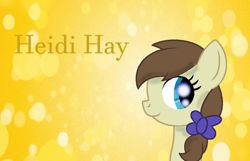 Size: 916x591 | Tagged: safe, artist:princessdaisyofficialchannel, imported from derpibooru, heidi hay, earth pony, pony, abstract background, background pony, bow, cute, female, filly, g4, heidibetes, purple bow, signature, simple background, smiling, solo, text, twinkle doo, twinkle hooves, wallpaper, yellow background, yellow text