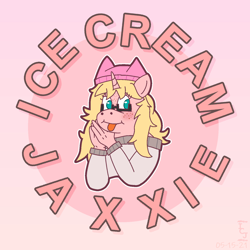 Size: 1500x1500 | Tagged: safe, artist:icecreamjaxxie, imported from derpibooru, oc, oc only, oc:mille feuille, anthro, pony, unicorn, :p, beanie, freckles, glasses, hat, logo, logo parody, looking at you, parody, smiling, tongue out, wonder showzen
