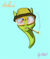 Size: 1770x2061 | Tagged: safe, artist:i love hurt, imported from derpibooru, oc, oc only, oc:arbuz, earth pony, pony, blue background, fear and loathing in las vegas, hunter s. thompson, simple background, smoking, solo