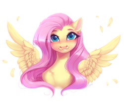 Size: 1024x838 | Tagged: safe, artist:spark_rarestar, artist:sparkling_light, imported from derpibooru, fluttershy, pegasus, pony, :3, blushing, bust, chest fluff, cute, daaaaaaaaaaaw, feather, female, grin, lip bite, looking at you, mare, portrait, shyabetes, simple background, smiling, solo, spread wings, white background, wings