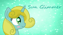 Size: 875x488 | Tagged: safe, artist:princessdaisyofficialchannel, imported from derpibooru, sun glimmer, pony, unicorn, abstract background, background pony, belle pepper, blushing, cute, cute glimmer, female, filly, green background, green text, signature, simple background, smiling, sunlight glimmer, sweetie green, text, wallpaper