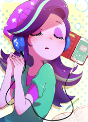 Size: 800x1108 | Tagged: safe, artist:nendo, imported from derpibooru, starlight glimmer, equestria girls, beanie, commission, cute, eyes closed, female, glimmerbetes, hat, headphones, open mouth, phone, solo