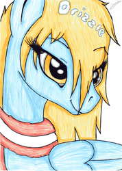 Size: 2482x3491 | Tagged: safe, artist:beamybutt, imported from derpibooru, oc, oc only, pegasus, pony, bust, clothes, eyelashes, female, high res, mare, pegasus oc, scarf, simple background, smiling, solo, traditional art, white background, wings