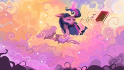 Size: 1920x1080 | Tagged: safe, artist:hierozaki, imported from derpibooru, twilight sparkle, alicorn, pony, :p, book, cloud, color porn, magic, music notes, solo, telekinesis, tongue out, twilight sparkle (alicorn)