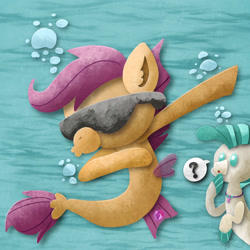 Size: 1280x1280 | Tagged: safe, artist:catscratchpaper, imported from derpibooru, scootaloo, terramar, seapony (g4), dab, question mark, seaponified, seapony scootaloo, species swap, sunglasses, underwater