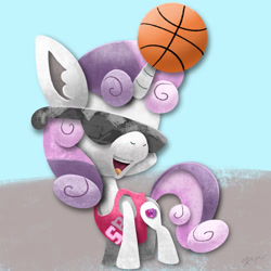 Size: 1280x1280 | Tagged: safe, artist:catscratchpaper, imported from derpibooru, sweetie belle, pony, unicorn, basketball, clothes, horn, horn impalement, jersey, solo, sports, sunglasses