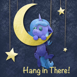 Size: 1280x1280 | Tagged: safe, artist:catscratchpaper, imported from derpibooru, princess luna, alicorn, pony, crescent moon, female, filly, hang in there, hanging, moon, solo, tangible heavenly object, woona, younger