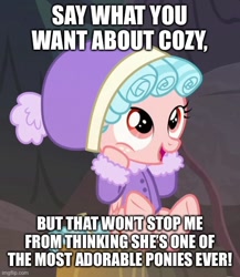 Size: 500x576 | Tagged: safe, edit, edited screencap, imported from derpibooru, screencap, cozy glow, pegasus, pony, frenemies (episode), caption, cozybetes, cute, female, filly, foal, image macro, solo, text