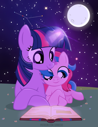 Size: 927x1200 | Tagged: safe, artist:jennieoo, imported from derpibooru, twilight sparkle, oc, oc:star sparkle, pony, unicorn, book, constellation, glowing horn, horn, lying down, magic, moon, night, reading