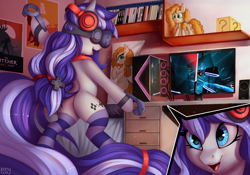 Size: 3000x2101 | Tagged: safe, artist:lightly-san, imported from ponybooru, pear butter, oc, oc:cinnabyte, pony, unicorn, beat saber, clothes, cutie mark, female, headphones, high res, indoors, mare, monitor, open mouth, plushie, poster, socks, solo focus, streamer, striped socks, vr headset