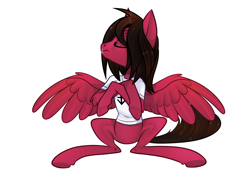 Size: 2500x1700 | Tagged: safe, artist:xvostik, imported from derpibooru, pegasus, pony, clothes, commission, crossed hooves, eyes closed, frown, lip piercing, male, mike fuentes, pierce the veil, piercing, ponified, shirt, simple background, sitting, solo, spread wings, t-shirt, white background, wings, ych result