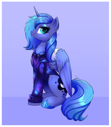 Size: 3399x3882 | Tagged: safe, artist:confetticakez, imported from derpibooru, princess luna, alicorn, pony, clothes, female, high res, hoodie, mare, s1 luna, sitting, solo