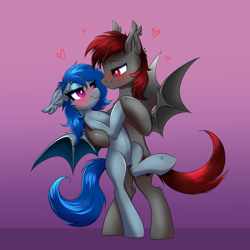 Size: 4000x4000 | Tagged: safe, artist:confetticakez, imported from derpibooru, oc, oc only, bat pony, pony, bat pony oc, bat wings, bedroom eyes, blushing, dancing, fangs, looking at each other, wings