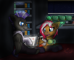 Size: 2223x1799 | Tagged: safe, artist:askavrobishop, imported from derpibooru, oc, oc:autumn breeze, oc:whirlwind sprint, pegasus, pony, arrow flight suit, computer, goggles, laptop computer, night, radar, servers, wings