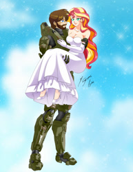 Size: 1280x1657 | Tagged: safe, artist:shinta-girl, imported from derpibooru, sunset shimmer, oc, human, equestria girls, bare shoulders, bridal carry, canon x oc, carrying, couple, female, halo, halo (series), halo armor, humanized, male, mjolnir (armor), sleeveless, straight, strapless