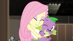 Size: 1150x647 | Tagged: safe, edit, edited screencap, imported from derpibooru, screencap, fluttershy, spike, spike the regular dog, dog, equestria girls, movie magic, spoiler:eqg specials, clothes, cropped, cute, eyeshadow, hug, huggable, lucky bastard, makeup, shyabetes, sleeveless, spikelove, tanktop