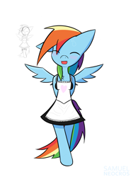 Size: 1121x1511 | Tagged: safe, artist:samuel-neocros, imported from derpibooru, rainbow dash, semi-anthro, blushing, clothes, cute, cute little fangs, dashabetes, eyes closed, fangs, maid, open mouth, rainbow maid, simple background, snaggletooth, solo, white background