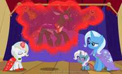 Size: 1280x779 | Tagged: safe, artist:kittypaintyt, imported from derpibooru, pharynx, trixie, oc, oc:florynx, oc:rosie mery, changedling, changeling, changepony, hybrid, base used, family, female, interspecies offspring, male, offspring, parent:pharynx, parent:prince blueblood, parent:trixie, parents:bluetrix, parents:phartrix, phartrix, prince pharynx, shipping, straight