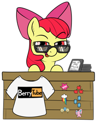 Size: 1127x1419 | Tagged: safe, artist:yakoshi, imported from derpibooru, apple bloom, pony, berrytube, bootleg, clothes, dvd, looking at you, piracy, pornhub logo, shirt, simple background, smug, solo, sunglasses, t-shirt, transparent background
