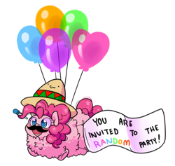 Size: 1129x1070 | Tagged: safe, artist:paperbagpony, imported from derpibooru, pinkie pie, pony, balloon, banner, colored pupils, cute, diapinkes, excessive fluff, fake moustache, female, floating, fluffy, happy, heart balloon, mare, noisemaker, party balloon, party horn, pinkie being pinkie, sombrero, then watch her balloons lift her up to the sky