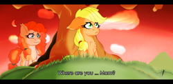 Size: 2220x1080 | Tagged: safe, artist:diamondgreenanimat0, imported from derpibooru, applejack, pear butter, pony, 2021, blue eyes, cloud, dialogue, eye, eyes, fanart, female, grass, green eyes, happy, happy days, moon, mother, mountain, moutain, orange hair, sad, sky, sun, tree, tree branch, watching, yellow hair