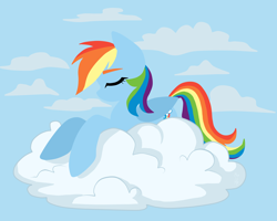 Size: 2500x2000 | Tagged: safe, artist:hellishnya, imported from derpibooru, rainbow dash, pegasus, pony, cloud, cute, dashabetes, eyes closed, female, high res, lineless, lying down, mare, on a cloud, prone, sky, solo