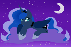 Size: 3000x2000 | Tagged: safe, artist:hellishnya, imported from derpibooru, princess luna, alicorn, pony, cloud, crescent moon, female, high res, lineless, lying down, mare, moon, night, on a cloud, prone, solo, stars