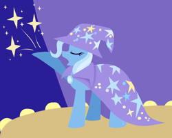 Size: 2500x2000 | Tagged: safe, artist:hellishnya, imported from derpibooru, trixie, pony, unicorn, cape, clothes, eyes closed, female, hat, high res, lineless, magic, mare, open mouth, solo, stage, trixie's cape, trixie's hat