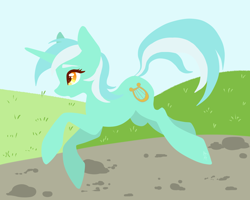 Size: 2500x2000 | Tagged: safe, artist:hellishnya, imported from derpibooru, lyra heartstrings, pony, unicorn, female, high res, hill, hopping, mare, road, running, solo