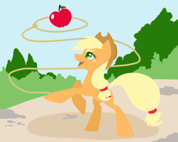 Size: 2500x2000 | Tagged: safe, artist:hellishnya, imported from derpibooru, applejack, earth pony, pony, apple, applejack's hat, cowboy hat, female, food, freckles, hat, high res, lasso, lineless, mare, rearing, rope, solo