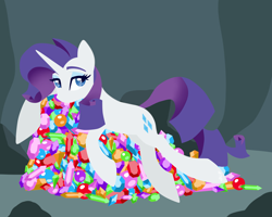 Size: 2500x2000 | Tagged: safe, artist:hellishnya, imported from derpibooru, rarity, pony, unicorn, cave, female, gem, high res, hoard, lidded eyes, lineless, looking at you, lying down, mare, prone, solo