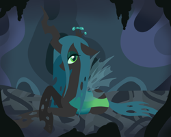 Size: 2500x2000 | Tagged: safe, artist:hellishnya, imported from derpibooru, queen chrysalis, changeling, changeling queen, cave, crown, female, high res, jewelry, lidded eyes, lineless, lying down, prone, quadrupedal, regalia, solo, zoomorphic