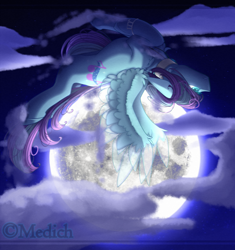 Size: 2060x2193 | Tagged: safe, artist:mediasmile666, imported from derpibooru, oc, oc only, pegasus, pony, cloud, female, flying, full moon, high res, macro, mare, moon, night, night sky, sky, solo, spread wings, wings