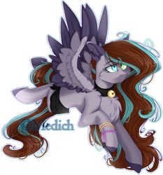 Size: 2364x2537 | Tagged: safe, artist:mediasmile666, imported from derpibooru, oc, oc only, pegasus, pony, bell, bell collar, chest fluff, collar, colored hooves, female, heterochromia, high res, mare, simple background, solo, spread wings, transparent background, two toned wings, wings