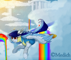 Size: 2650x2263 | Tagged: safe, artist:mediasmile666, imported from derpibooru, oc, oc only, pegasus, pony, bandage, clothes, cloud, cloudsdale, female, flying, high res, mare, rainbow, rainbow waterfall, sky, solo, spread wings, two toned wings, uniform, wings, wonderbolt trainee uniform